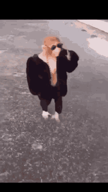 a woman wearing sunglasses and a fur coat is standing on a snowy road .