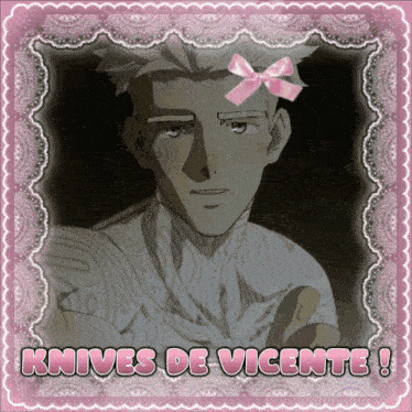 a picture of a man with a pink bow on his head and the words knives de vicente below him