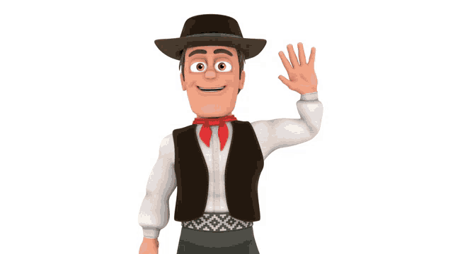 a cartoon character wearing a hat and vest is waving
