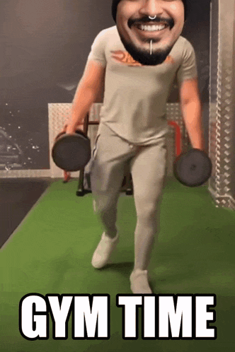 a man is lifting dumbbells in a gym with the words gym time written below him
