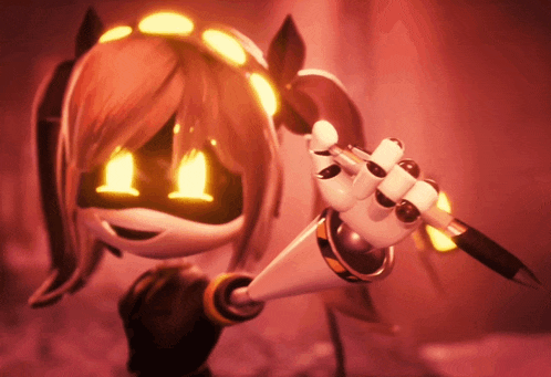 a cartoon character with glowing eyes holds a pen in her hand