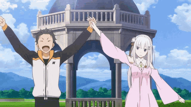 a man and a woman are holding hands in front of a building