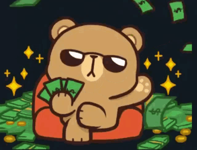 a cartoon of a bear holding a fan of money with a dollar sign on it