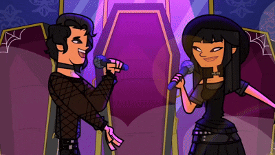 a couple of cartoon characters singing into microphones in front of a coffin