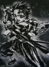 a black and white painting of a person holding a sword in a cloudy sky .