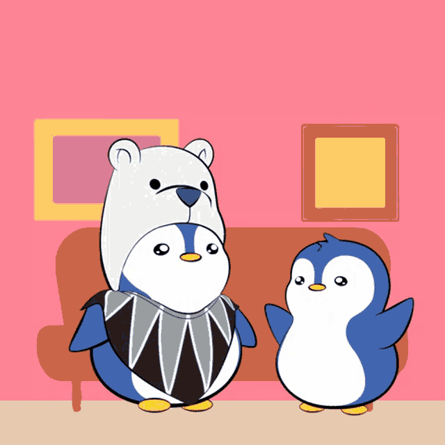 a polar bear and two penguins are standing in front of a couch