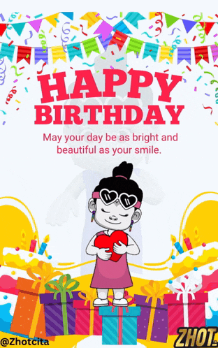 a birthday card with a girl holding a heart and the words happy birthday may your day be as bright and beautiful as your smile