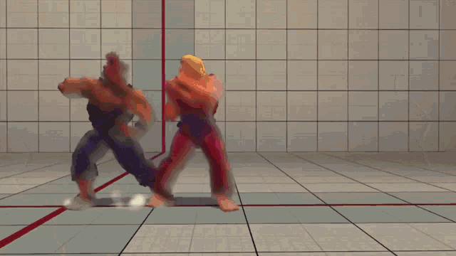 a video game character with red hair is fighting another character in red pants