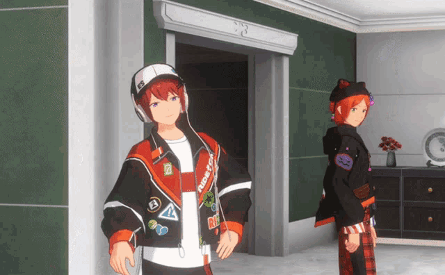 two anime characters standing next to each other with one wearing a jacket that says r.i.p.