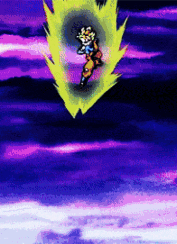 a cartoon character is flying through the air with a purple sky in the background