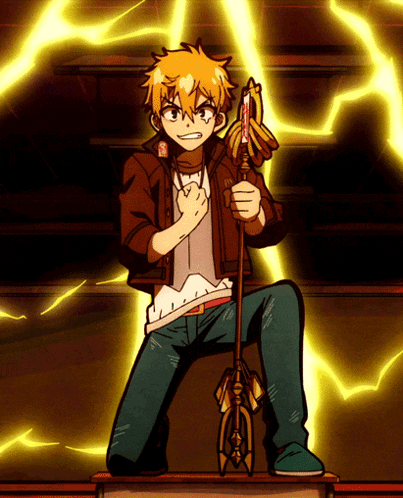 a cartoon of a man holding a mop with a lightning bolt in the background