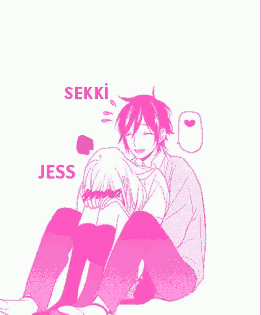 a man is sitting on a woman 's lap with the words sekki and jess above them .