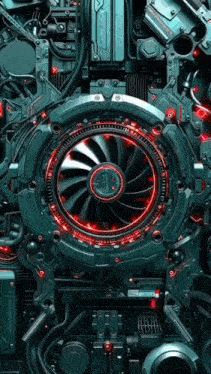 a mechanical device with a red fan in the middle and a sticker that says ' stealth '