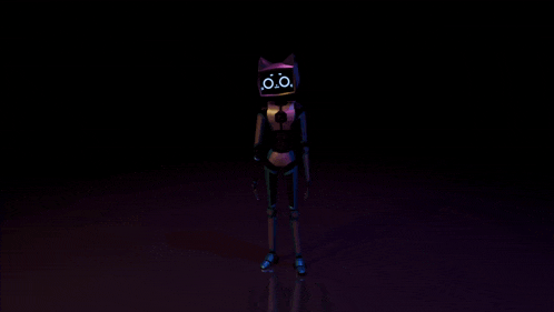 a 3d model of a robot with a cat 's head is dancing in the dark