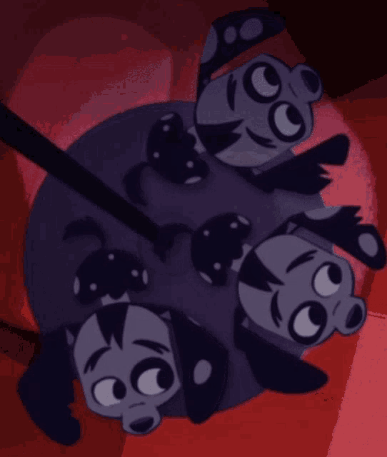 a cartoon drawing of three dogs laying on a purple surface