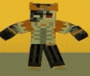 a minecraft character with a skeleton costume is standing in front of a yellow background .