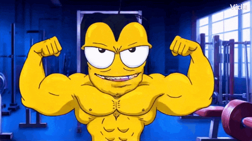 a cartoon character is showing off his muscles in a gym .