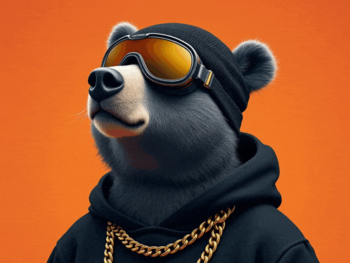 a bear wearing a beanie and goggles has a chain around its neck