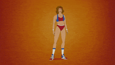 a cartoon of a woman in a red and blue bikini