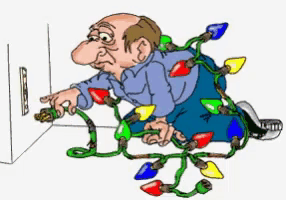 a cartoon of a man with christmas lights stuck to his back
