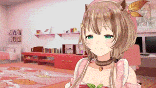 a girl in a pink dress is standing in a room with a cat ear hat on .