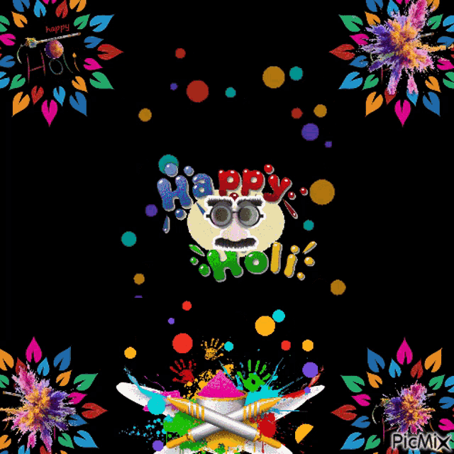 a happy holi greeting card with colorful flowers