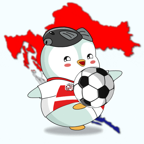 a cartoon character is holding a soccer ball in front of a map of croatia