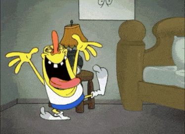 a cartoon character is sitting on a stool in front of a lamp and a bed