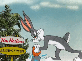 bugs bunny is standing in front of a sign that says tim hortons always fresh