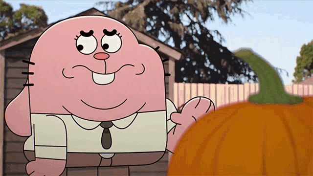 a cartoon character with a pumpkin in the foreground