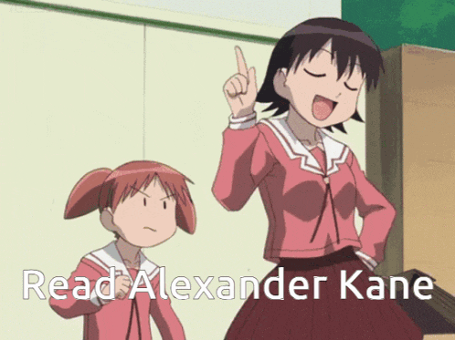 a picture of two anime girls with the words read alexander kane written below them