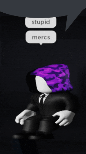 a cartoon character with a purple hood and a speech bubble that says stupid mercs