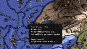 a map showing a military access to italy and france in a war together