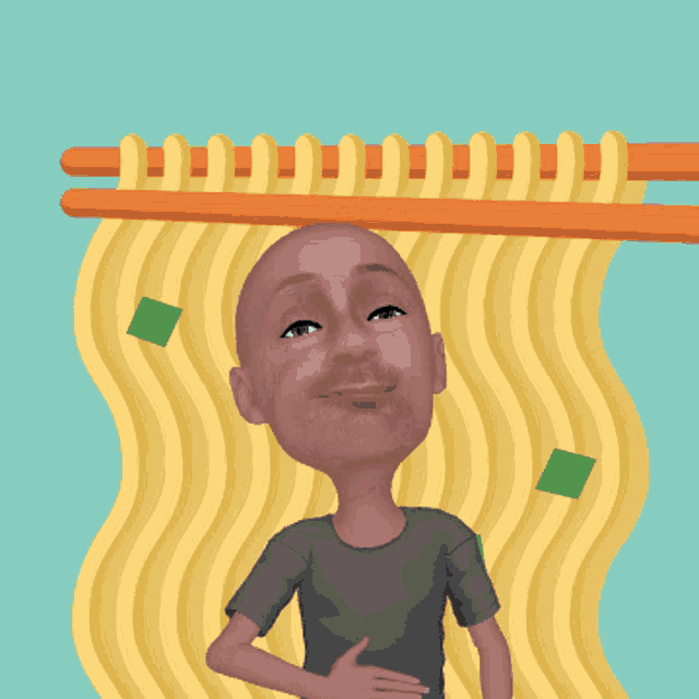 a bald man is standing in front of a large pile of noodles and chopsticks