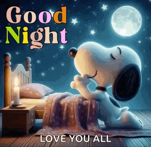 snoopy is kneeling on the floor in front of a bed with a candle and the words `` good night love you all ''