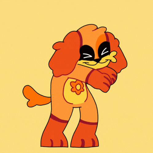 a cartoon drawing of an orange dog with a flower necklace