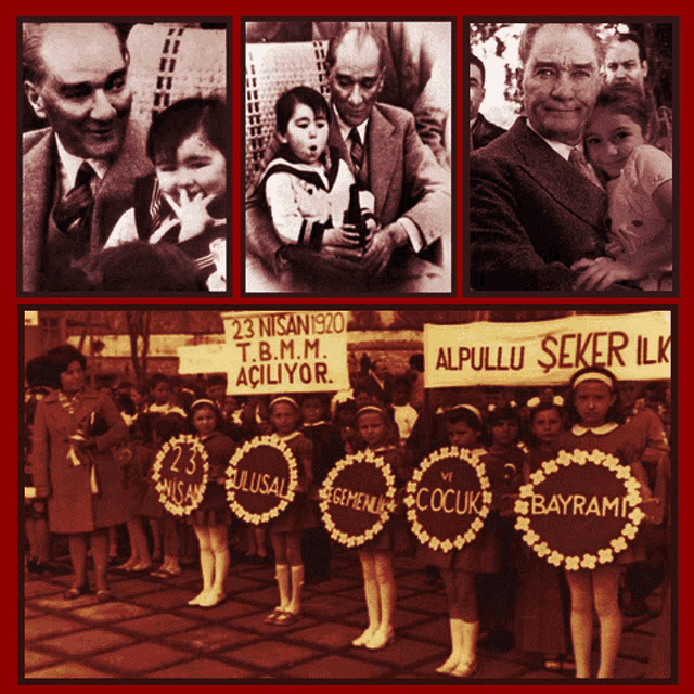 a group of children holding signs in front of a sign that says 23 nisan 1920 t.b.m.m.
