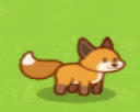 a cartoon fox is standing on top of a lush green field .