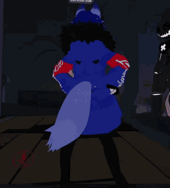 a blue cartoon character with a tattoo on her arm that says ' i 'm a woman '