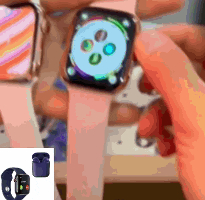a person is holding a smart watch and a pair of ear buds