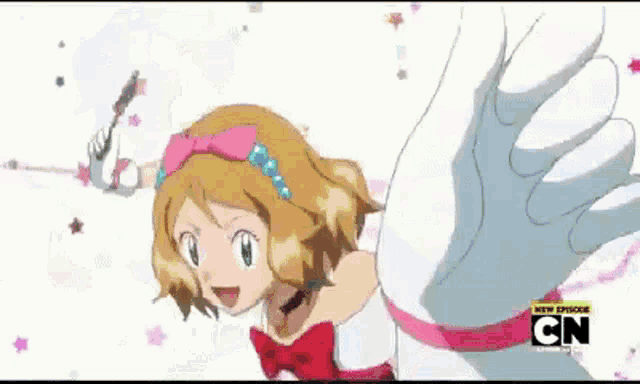 a cartoon girl is wearing a white dress with a red bow and a necklace .