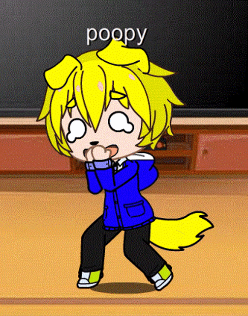 a cartoon character with the word poopy written on his face