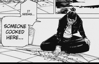 a man is sitting on the ground with a speech bubble that says " someone cooked here "