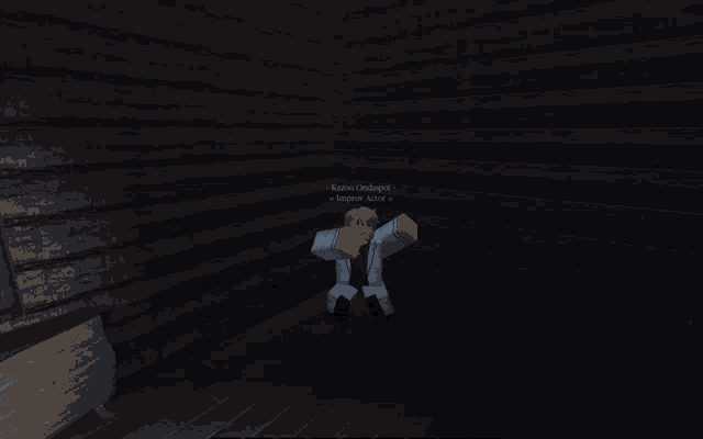 a man in a white coat is standing in a dark room with a message that says " kazoe ondegapot "