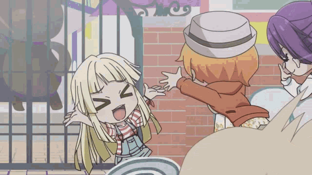 a cartoon of a girl with blonde hair and a white hat making a funny face