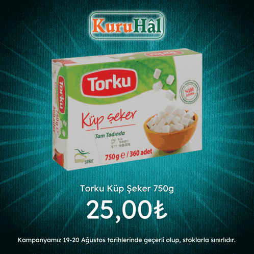 a box of torku küp şeker 750g is being advertised for 25.00 tl