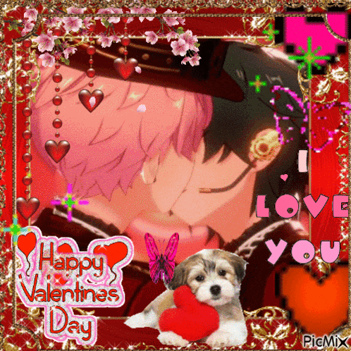a happy valentine 's day greeting card with a couple kissing and a dog