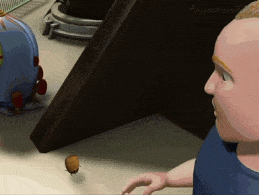 a cartoon character from toy story is looking at a small object