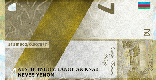 a close up of a banknote that says aestip tnuom lanoitan knab neves yenom