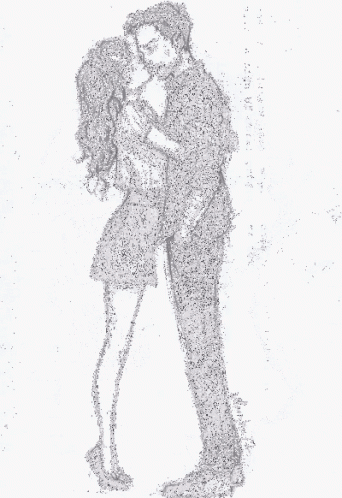 a black and white drawing of a man holding a woman in his arms with the word you visible